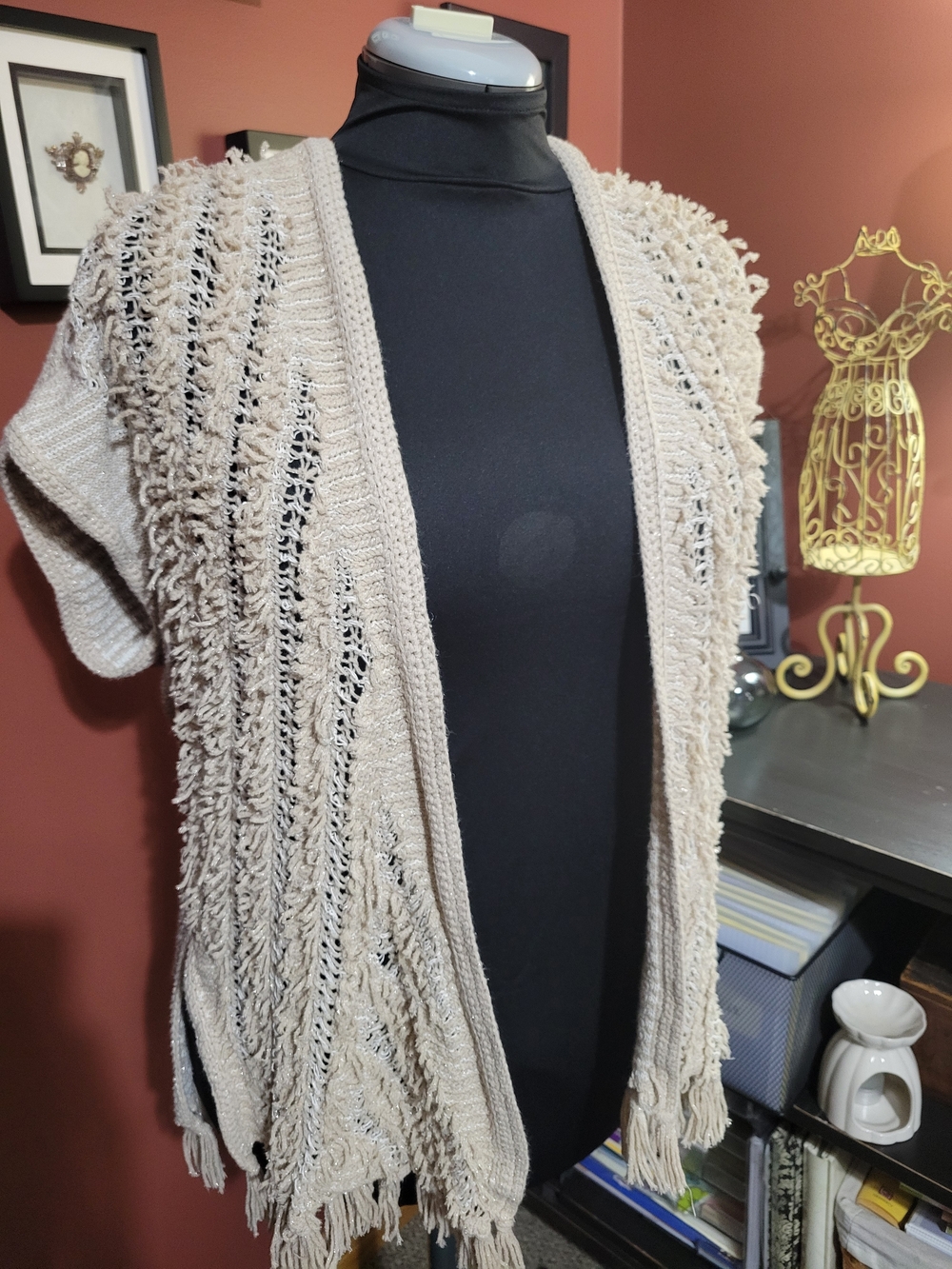 Loft Beige Womens Open Knit Fringe Vest Cardigan Boho Chic Festival Wear